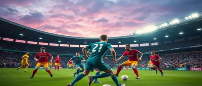 A dramatic night-time UEFA Conference League match scene on a rain-slick pitch, two anonymous forwards sprinting toward...