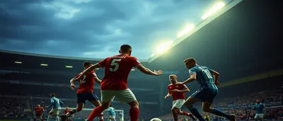 A dramatic night match scene on a rain-slicked pitch, two anonymous players in plain red-and-white vertical striped...