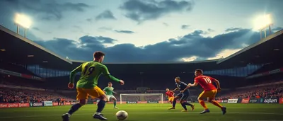A hyper-realistic editorial shot of a late-match moment: Adam O'Reilly, mid-30s, Irish, wearing a plain red Derry City...